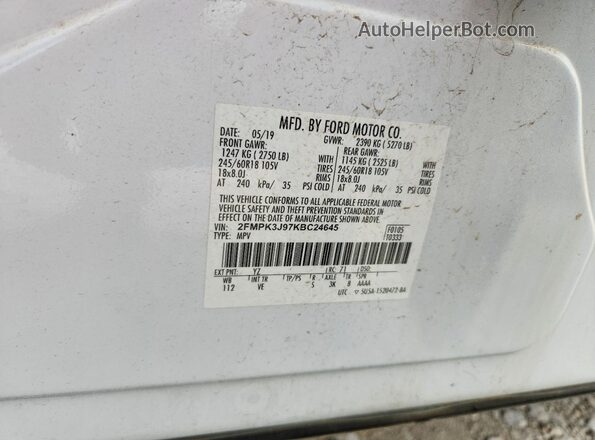 2FMPK3J97KBC24645 2019 FORD EDGE White VIN sticker view