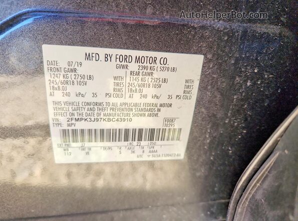2FMPK3J97KBC43910 2019 FORD EDGE Gray Vista de la etiqueta del VIN