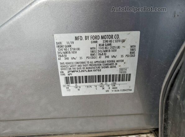2FMPK3J97LBA19702 2020 FORD EDGE Silver 360 interior view