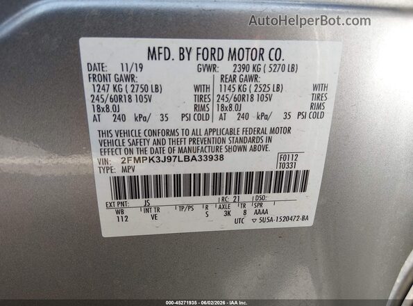 2FMPK3J97LBA33938 2020 FORD EDGE Silver Widok komory silnika