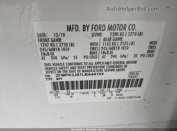 2FMPK3J97LBA44194 2020 FORD EDGE White ძრავის განყოფილების ხედი
