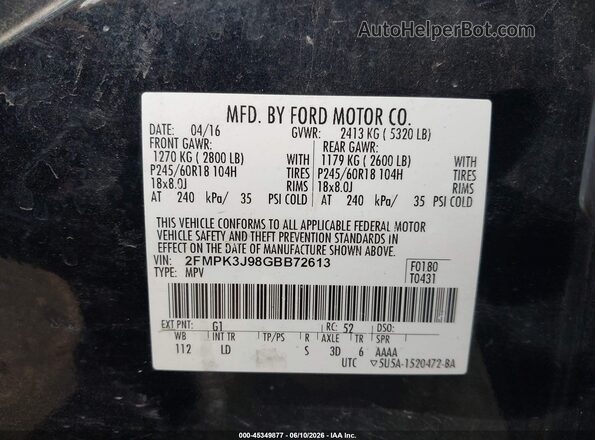 2FMPK3J98GBB72613 2016 FORD EDGE Black Вид підкапотного простору