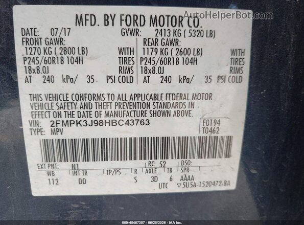 2FMPK3J98HBC43763 2017 FORD EDGE Dark Blue Vista del compartimento del motor