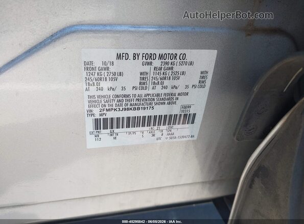 2FMPK3J98KBB19175 2019 FORD EDGE Gray Vista del compartimento del motor