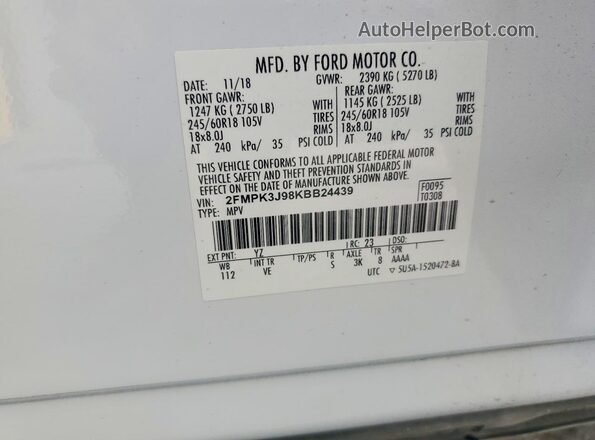 2FMPK3J98KBB24439 2019 FORD EDGE White 