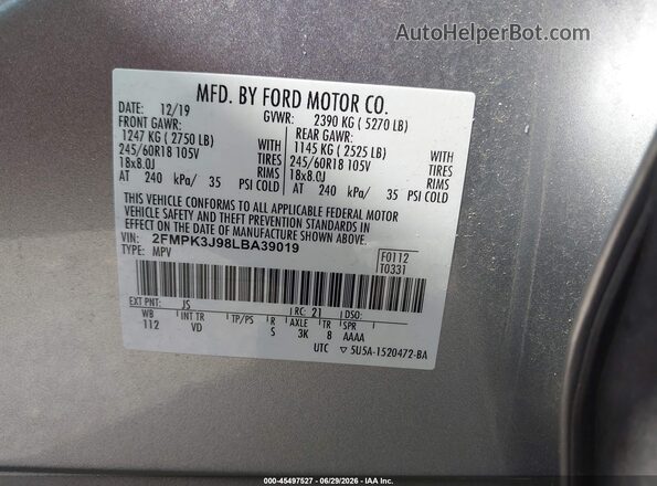 2FMPK3J98LBA39019 2020 FORD EDGE Silver ძრავის განყოფილების ხედი