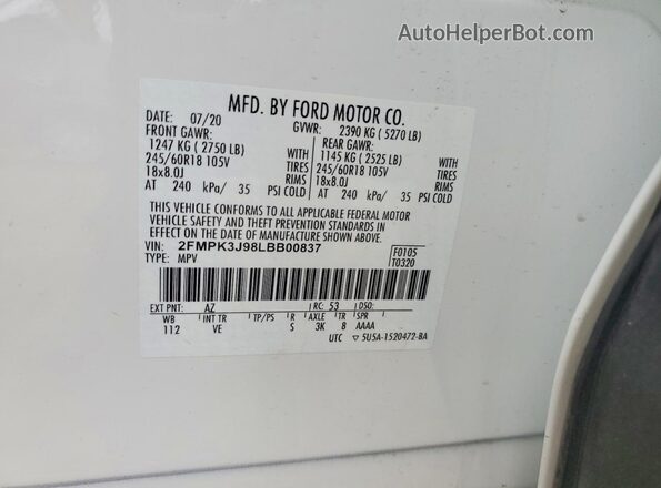 2FMPK3J98LBB00837 2020 FORD EDGE White 