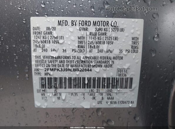 2FMPK3J98LBB22644 2020 FORD EDGE Silver Вид підкапотного простору