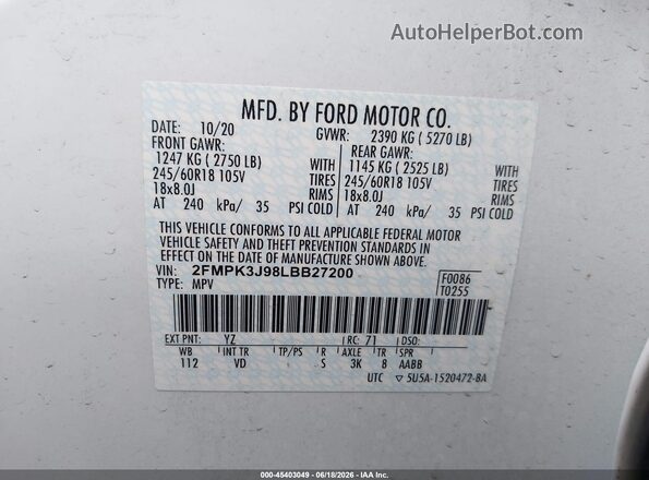 2FMPK3J98LBB27200 2020 FORD EDGE White 