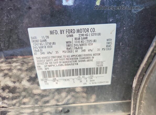 2FMPK3J98LBB65218 2020 FORD EDGE Black Widok naklejki z numerem VIN