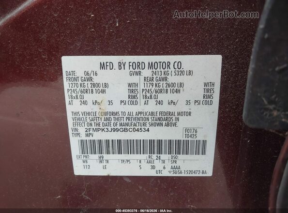 2FMPK3J99GBC04534 2016 FORD EDGE Burgundy 