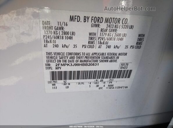 2FMPK3J99HBB20831 2017 FORD EDGE White Շարժիչի բաժամունքի տեսք