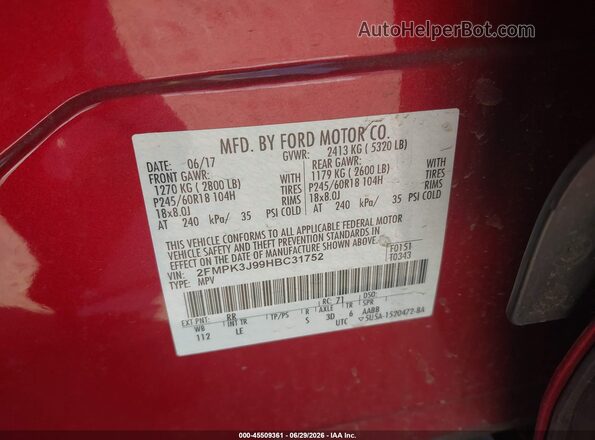 2FMPK3J99HBC31752 2017 FORD EDGE Red Widok komory silnika