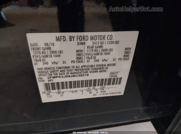 2FMPK3J99JBC58018 2018 FORD EDGE Black ძრავის განყოფილების ხედი