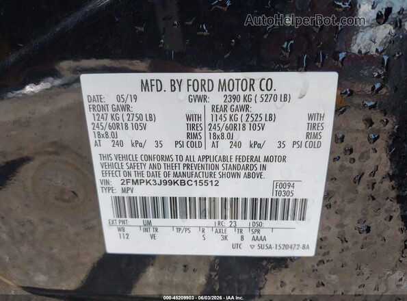 2FMPK3J99KBC15512 2019 FORD EDGE Black Շարժիչի բաժամունքի տեսք