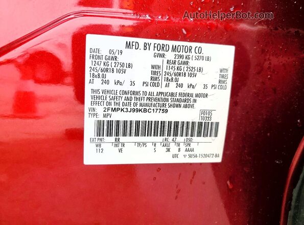 2FMPK3J99KBC17759 2019 FORD EDGE Maroon 