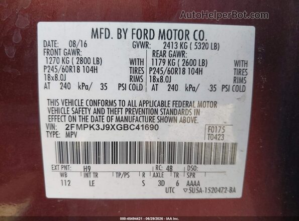 2FMPK3J9XGBC41690 2016 FORD EDGE Red Widok komory silnika