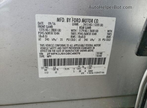 2FMPK3J9XGBC49076 2016 FORD EDGE Silver 