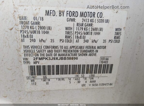 2FMPK3J9XJBB58896 2018 FORD EDGE Белый Вид подкапотного пространства