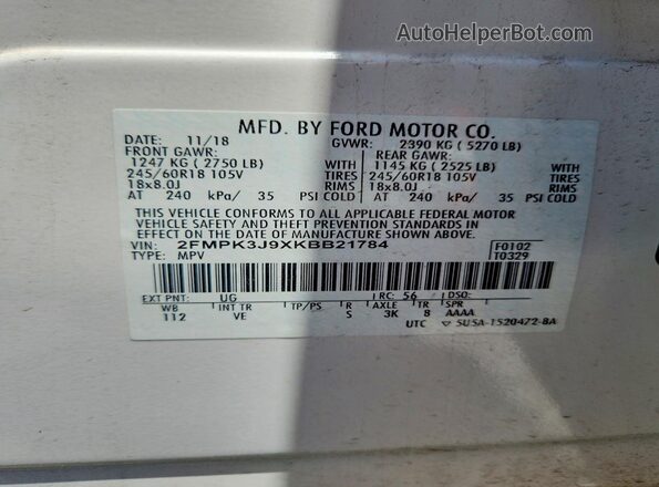 2FMPK3J9XKBB21784 2019 FORD EDGE Cream Widok komory silnika