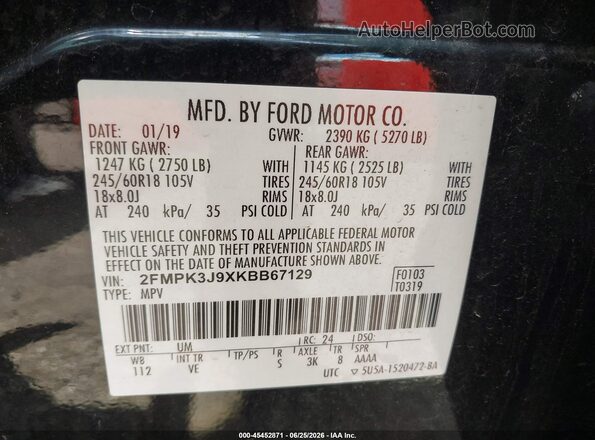 2FMPK3J9XKBB67129 2019 FORD EDGE Black Շարժիչի բաժամունքի տեսք