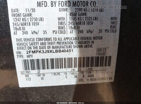2FMPK3J9XLBB40451 2020 FORD EDGE Gray Engine compartment view