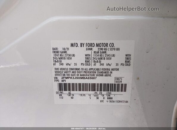 2FMPK3J9XMBA65607 2021 FORD EDGE White Engine compartment view