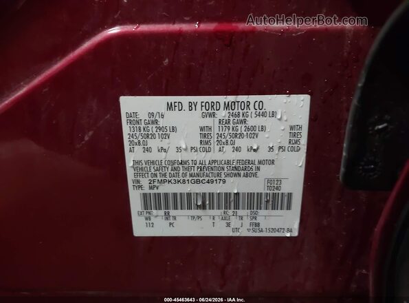 2FMPK3K81GBC49179 2016 FORD EDGE Red Vista del compartimento del motor