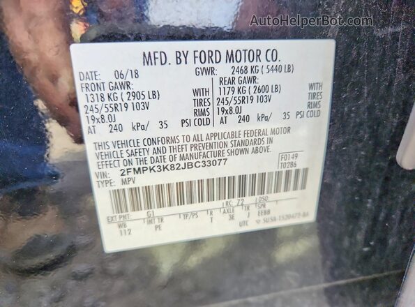 2FMPK3K82JBC33077 2018 FORD EDGE Black VIN կոդի պիտակի տեսք