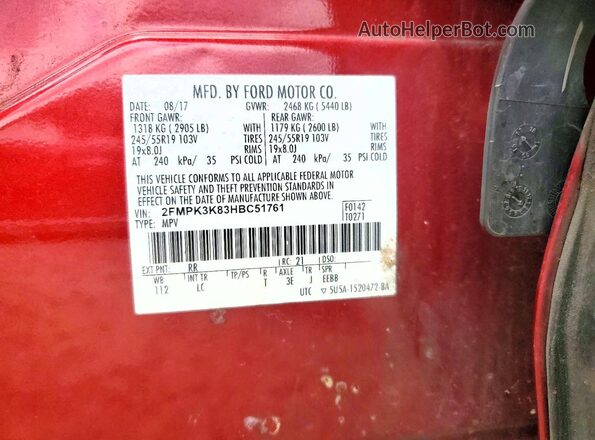 2FMPK3K83HBC51761 2017 FORD EDGE Red 
