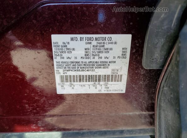 2FMPK3K85JBC40122 2018 FORD EDGE Burgundy VIN sticker view