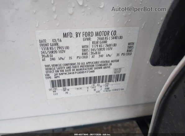 2FMPK3K87GBB17348 2016 FORD EDGE White Engine compartment view