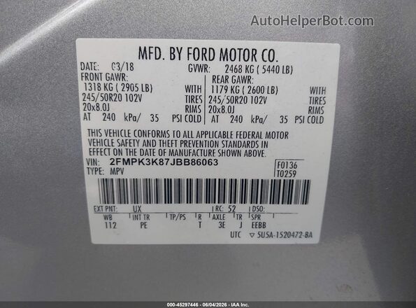 2FMPK3K87JBB86063 2018 FORD EDGE Silver Շարժիչի բաժամունքի տեսք