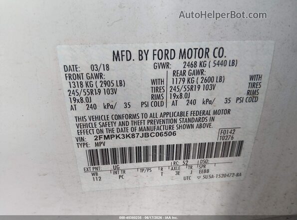 2FMPK3K87JBC06506 2018 FORD EDGE Белый Вид подкапотного пространства