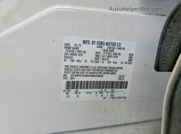 2FMPK3K89HBB43645 2017 FORD EDGE White 360 interior view