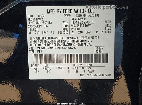 2FMPK3K90MBA18424 2021 FORD EDGE Черный Вид подкапотного пространства