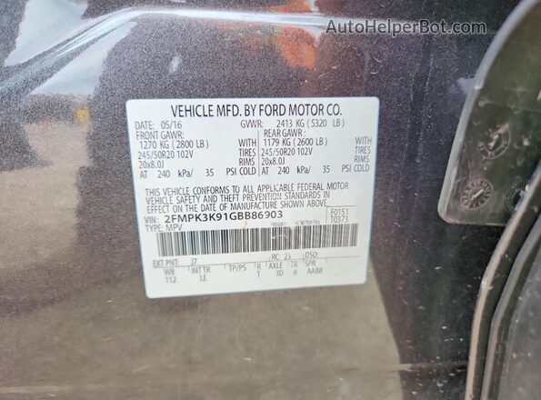 2FMPK3K91GBB86903 2016 FORD EDGE Black Vista del compartimento del motor