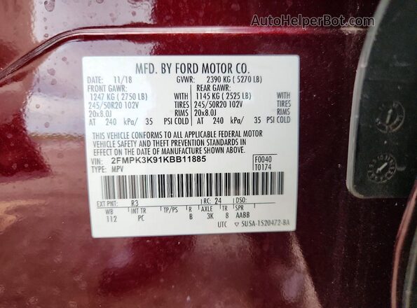 2FMPK3K91KBB11885 2019 FORD EDGE Бордовый 