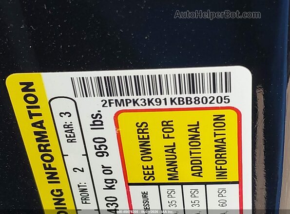 2FMPK3K91KBB80205 2019 FORD EDGE Black Widok komory silnika