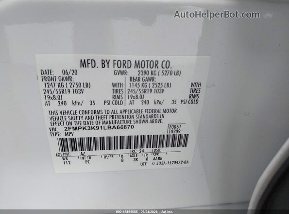 2FMPK3K91LBA66870 2020 FORD EDGE White Widok komory silnika