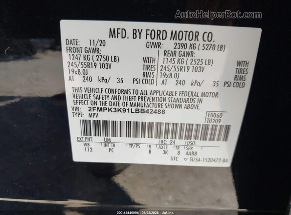 2FMPK3K91LBB42488 2020 FORD EDGE Black Engine compartment view