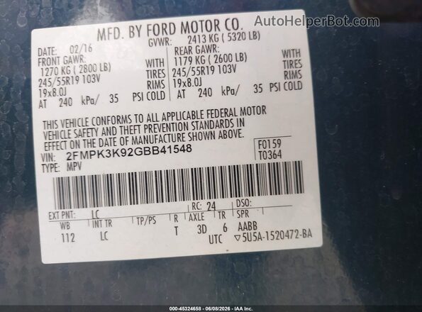 2FMPK3K92GBB41548 2016 FORD EDGE Blue Vista del compartimento del motor