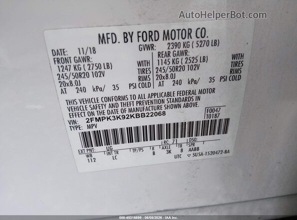 2FMPK3K92KBB22068 2019 FORD EDGE Белый Вид подкапотного пространства