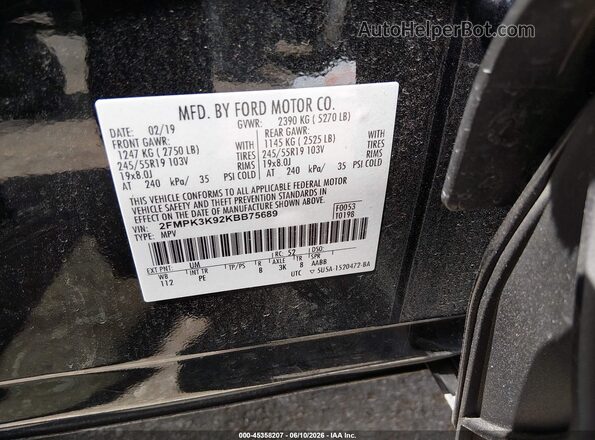 2FMPK3K92KBB75689 2019 FORD EDGE Black ძრავის განყოფილების ხედი