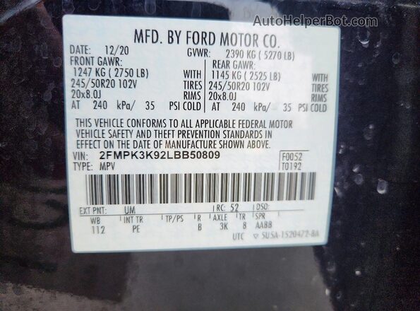 2FMPK3K92LBB50809 2020 FORD EDGE Black 