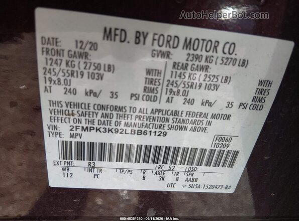 2FMPK3K92LBB61129 2020 FORD EDGE Maroon Вид підкапотного простору