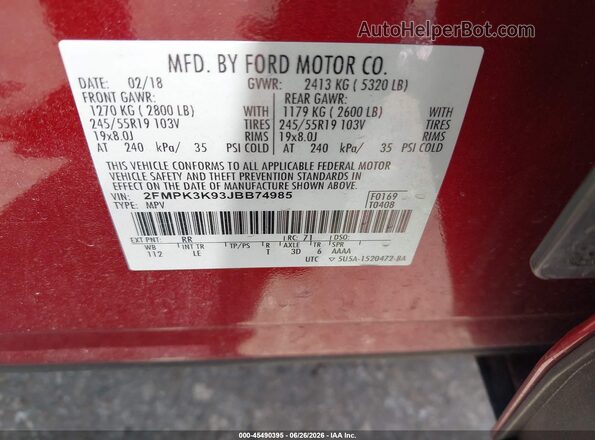 2FMPK3K93JBB74985 2018 FORD EDGE Burgundy ძრავის განყოფილების ხედი