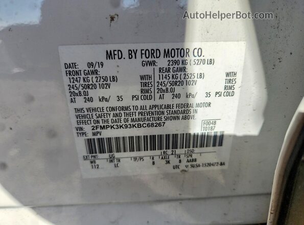 2FMPK3K93KBC68267 2019 FORD EDGE White VIN კოდის სტიკერის ხედი