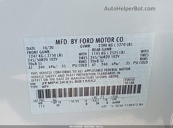 2FMPK3K93LBB15552 2020 FORD EDGE White Vista del compartimento del motor
