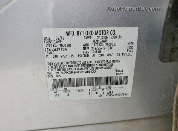 2FMPK3K94GBC04133 2016 FORD EDGE Silver 